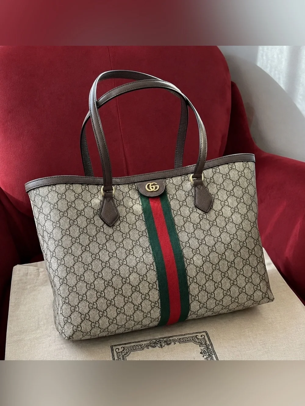 Gucci Brown GG Supreme Tote with Green and Red Web